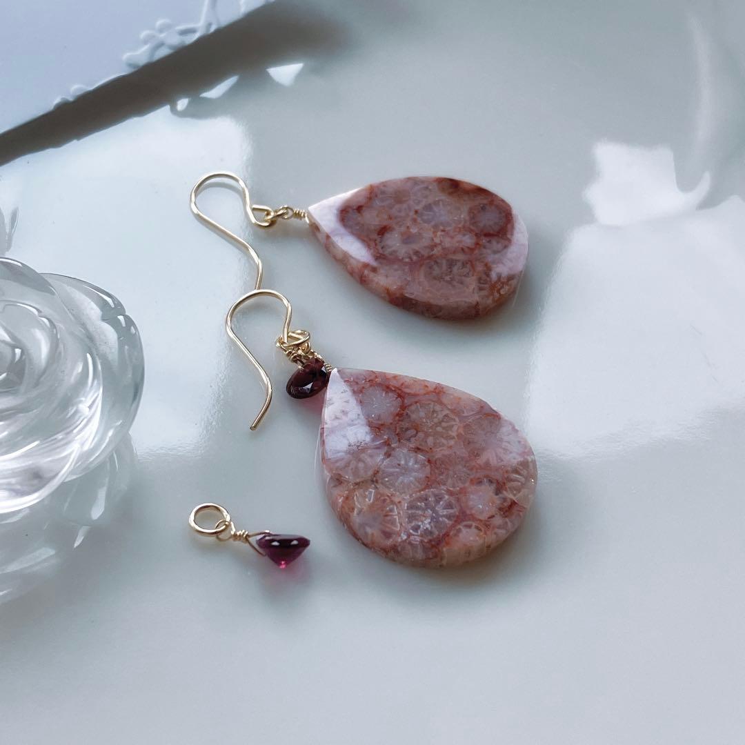 一点物✧ピンクフォッシルコーラル×ジェムカットガーネットピアス✧2Way