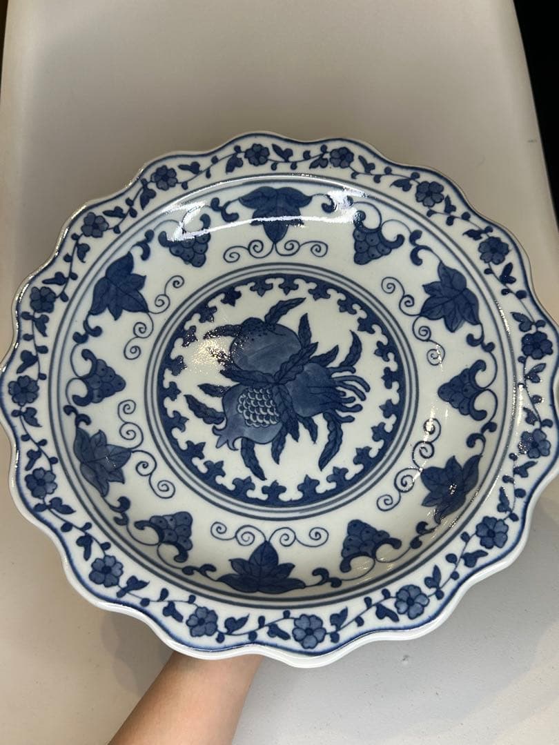 大清乾隆年製 青花 高台果実器 皿 果実文 石榴・葡萄文 中国古陶磁 観賞 収蔵