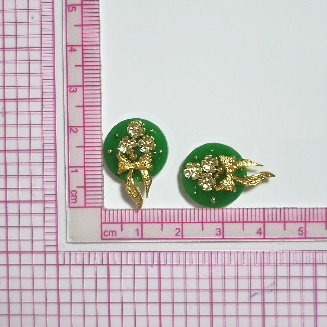 【1247】ハンドメイド 緑色 花とリボンのピアス 花束