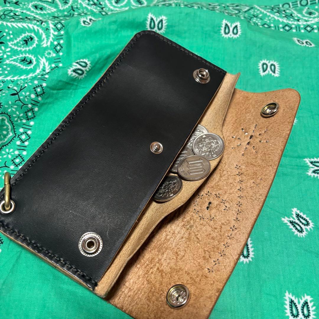 ロングトラッカーウォレット　三層　ヌメ革　丘染め　スタッズ　ハンドメイド