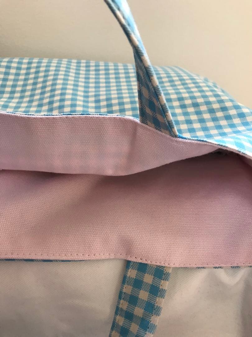 30 ギンガムチェック チェリーレッスンバッグ 水色　フリル